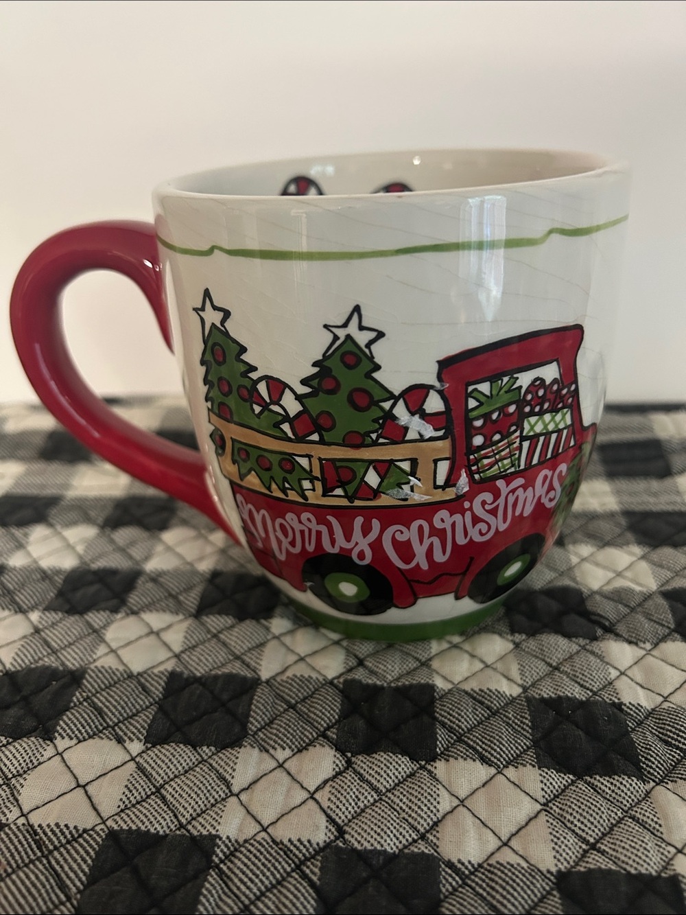 Holiday Red Ceramic Mug with Merry Christmas Truck Design